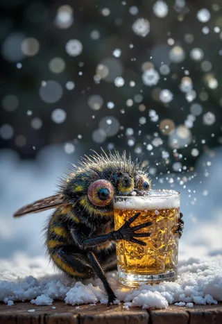 Close-up of a fuzzy black and green fly with large eyes holding a glass of beer on a snowy wooden plank, snowflakes falling in the background.