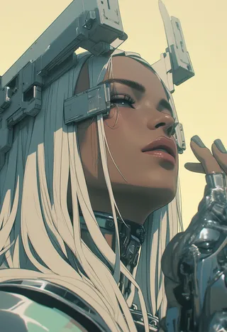 Close-up side portrait of a cyberpunk goddess with long white hair, mechanical headgear, and chrome robotic hand under soft, low-saturation light.