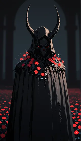 A dark hooded figure with large curved horns stands surrounded by vibrant red flowers, the cloak adorned with clustered blooms, set against a softly blurred, deep background.