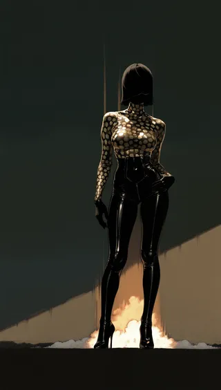 Silhouetted female figure in a shiny latex giraffe printed bodysuit and high heels standing confidently against a minimalistic dark background with dramatic light and smoke.