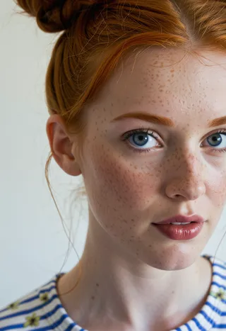 Close-up cinematic photograph of a young woman with vibrant ginger hair styled in two buns, bright blue eyes, freckles across her face, wearing dark red lipstick and a blue and white striped shirt.