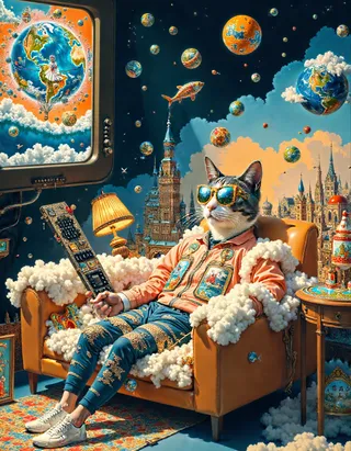 Gato antropomórfico vestindo roupas detalhadas em patchwork relaxa em um sofá flutuante rodeado por planetas em miniatura flutuantes e paisagens urbanas surreais, cintilando com múltiplos estilos dimensionais.