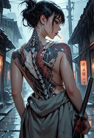 Close-up view from behind of a female yakuza standing in a rainy ancient Japanese street, showing her exposed back with a detailed cybernetic spine and dragon tattoo, holding a katana, smoking a cigarette, with black hair tied up.