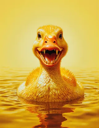 A stylized yellow duckling with a wide open mouth showing sharp, dripping teeth floating in shimmering yellow water with a clear reflection, set against a smooth yellow background.