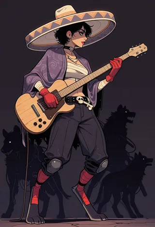Stylized illustration of a mariachi musician wearing a wide sombrero, red gloves, and dark clothing, playing an electric guitar with shadowy wolf silhouettes behind.