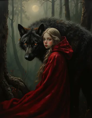 A hyper-realistic oil painting of Little Red Riding Hood, a young girl with blond hair and a deep crimson hooded cape, embracing a large dark wolf with glowing amber eyes in a misty, moonlit enchanted forest.