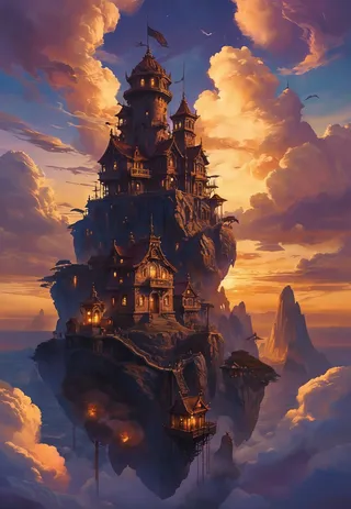 A highly detailed scene of a floating island featuring an intricate fantasy castle surrounded by a peasant steampunk town, all set against a dramatic sunset sky with large golden clouds and distant mountain peaks.