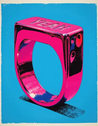 A bold pop art-style shiny metallic ring with a glossy pink finish and 'YEAH' engraved on top, set against a vibrant blue background.
