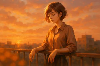 A girl with short hair leans on a rooftop railing during sunset with warm orange and pink hues, wearing a loose shirt and surrounded by a golden glow.