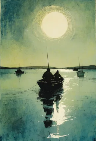 Silhouette of two fishermen on a fishing boat reflecting on calm water under a glowing sun in a serene collagraph style by William Wray