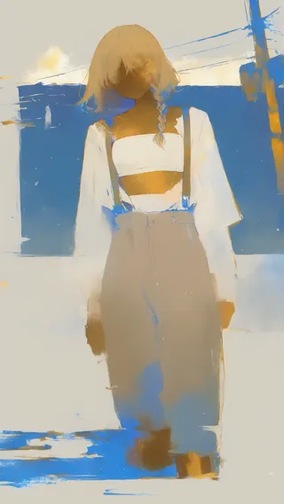 Digital painting of a stylized girl with long blonde braided hair, wearing a white bandeau top and wide cargo pants with suspenders, set against an abstract background featuring blue, ochre, and white tones.