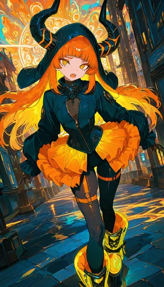 Gothic fantasy styled girl with long orange hair, glowing yellow-orange eyes, wearing a black hood with demon horns, a shiny black and orange PVC outfit, and chunky platform boots standing in an illuminated urban setting.