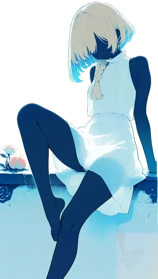 Illustration of a blonde girl with a single braid sitting on a low wall, wearing a sleeveless white dress, depicted with a blue silhouette against a white background.