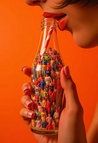 Close-up of hyper-realistic lips with flawless skin, holding a vintage glass soda bottle filled with hundreds of miniature figures dressed in 1980s neon clothing, against an orange vaporwave background.