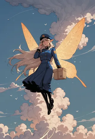 A fairy with long platinum blonde hair and golden eyes flying in the sky wearing a blue postman uniform and hat, carrying a package with large glowing wings against a cloudy sky.