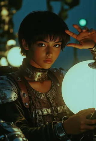 A cyberpunk portrait of a person with tanned skin, short black hair, and brown eyes, wearing metallic accessories and dark futuristic attire, holding a glowing holographic globe. The setting features cinematic lighting with cool-toned neon glows and a slightly rainy atmosphere.