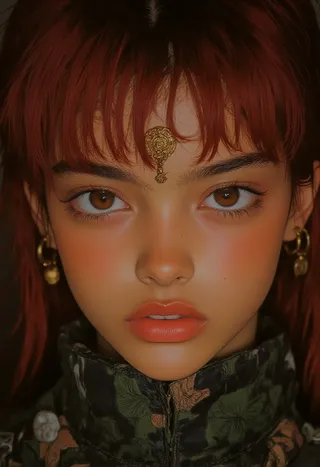 Close-up hyper-realistic portrait of a young woman with red hair, golden forehead ornament and earrings, almond-shaped brown eyes, freckles on pale skin, wearing a detailed dark floral high collar garment.