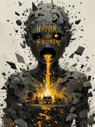 A humanoid figure made from fractured black ceramic shards, glowing golden molten lava flowing from mouth with arcane script on face, surreal dark fantasy style