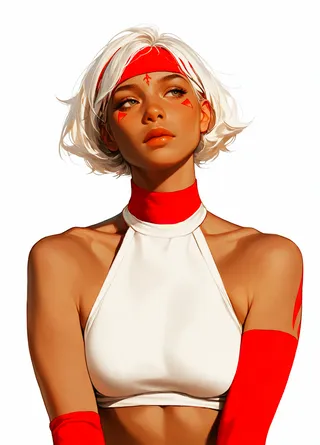 Portrait of a dark-skinned female with white short hair, wearing a red headband, red tribal face and arm tattoos, a white halterneck top, and red arm sleeves against a white background.