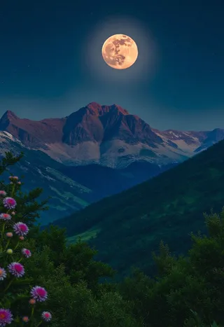 A serene night mountain landscape featuring a large glowing full moon over rugged, snow-patched peaks, with a lush green valley and pink-purple blooming flowers in the foreground.