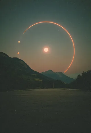 A serene night mountain landscape with a glowing sun and a large, faint circular light arching across the sky