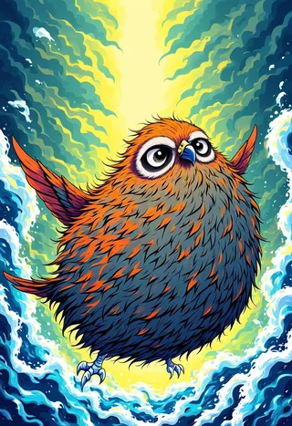 A colorful cartoon bird with vibrant orange, blue, and gray feathers, large expressive eyes, small wings, and a bright, stylized background of swirling blue and yellow tones.