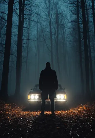 Silhouette of a man in a winter coat standing in an autumn forest at night, illuminated by the headlights of a vintage car with fog and volumetric lighting creating a mysterious and horror mood.
