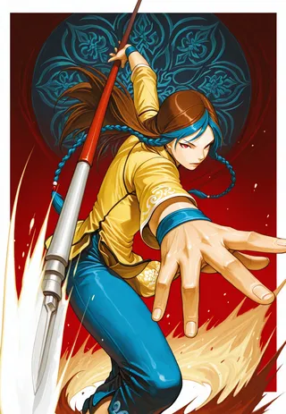 An androgynous male warrior with two tone blue and brown hair in twin braids wearing yellow tunic and blue pants, holding a spear in a dynamic action pose with a detailed ornamental background.