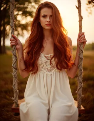 A woman with long auburn hair in a flowing bohemian dress sits on a wooden swing, bathed in warm sunset backlight with a blurred wildflower field background.
