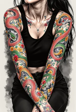 Woman with crossed arms showcasing vibrant full sleeve snake tattoos in red, green, and gold intertwined with colorful flowers in Japanese woodblock style