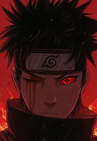 Close-up of Uchiha Shisui ninja with spiky black hair, wearing a Konohagakure headband and black high-collar shirt, featuring blood from eye injury and glowing red Sharingan, set against a red background with fire embers.