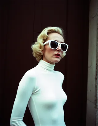 A front profile half-body portrait of a punk 80s British model woman wearing a white turtleneck dress and large white sunglasses, styled with a 50s hairstyle, standing against a dark wall with cinematic E6 film grain effect.