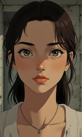 Close-up anime-style portrait of a woman with brown eyes, dark hair pulled back, soft natural expression and a silver necklace, lit softly from above.