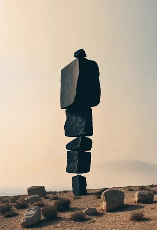 A photorealistic, cinematic image of several large black stones perfectly balanced vertically on a desert ground with sparse vegetation and rocks scattered around under a soft, hazy sky.