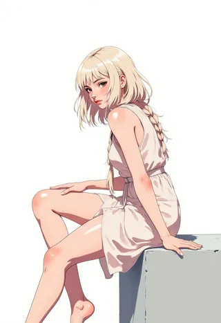Illustration of a blonde girl with layered hair and a single braid sitting on a low wall wearing a sleeveless high-collar dress with an asymmetrical hem on a white background.