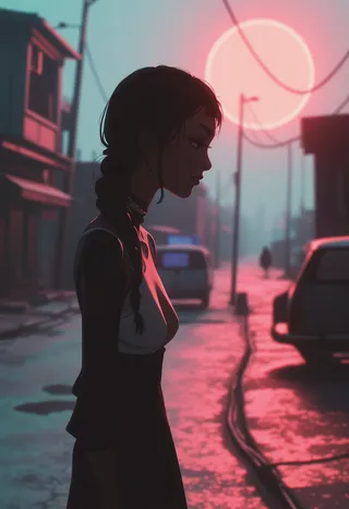 Profile silhouette of a young woman with a long braid walking in a street at sunset with warm neon pink lighting and vintage atmosphere.