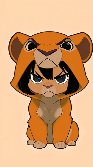 Chibi-style cute girl with short black hair and black eyes wearing an orange lioness hood pajama, showing an angry expression on a simple light background.