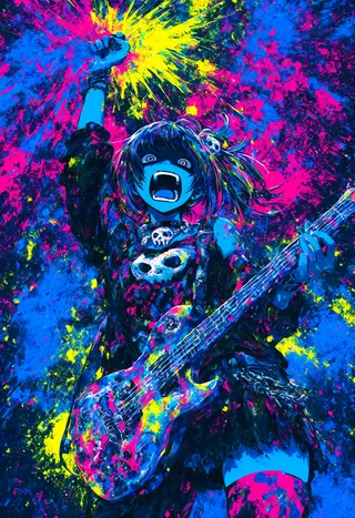 A girl playing an electric guitar with neon blue skin and vivid colorful splashes around her, wearing a skull necklace and asymmetrical legwear, shouting with her arm raised.