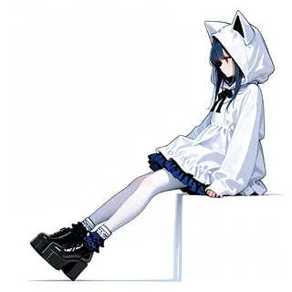 Anime girl sitting with a white dress, white pantyhose, dark blue frilly socks, a white hood with cat ears, and oversize high platform shoes.