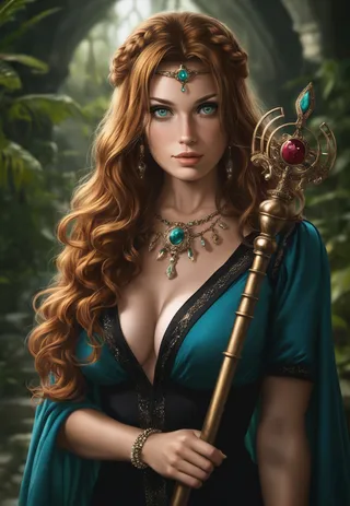 Ultra-realistic portrait of Lady Elara, a sorceress with long chestnut hair, emerald robe, and holding an ornate enchanted staff in a mystical forest setting.