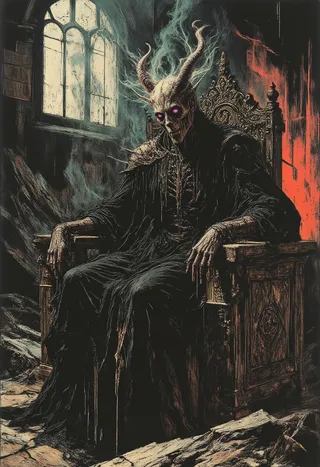 A dark gothic throne adorned with intricate wood carvings hosts a skeletal, horned figure with glowing purple eyes, surrounded by swirling smoke and dim light.