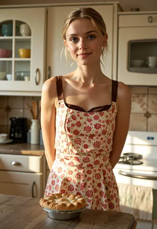 Young Slavic woman in a vintage apron stands barefoot in a softly lit 1950s style kitchen, smiling gently with a freshly baked pie on the wooden counter.