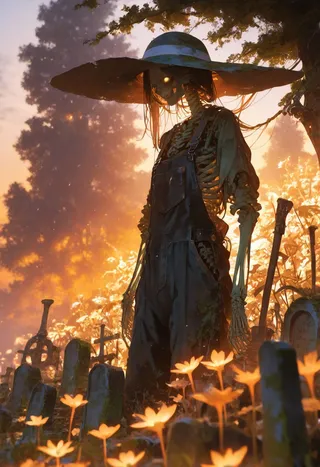 Skeleton wearing patched overalls and a wide-brimmed sunhat standing peacefully in a moss-covered graveyard surrounded by glowing flowers at sunset with tiny glowing bees drifting nearby.