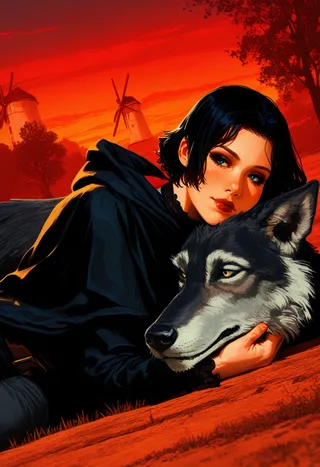 A young woman with short black hair and blue eyes, dressed in a black cloak, lying close and caressing a wolf at sunset with windmills and orange-purple clouds in the background.
