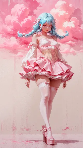 A girl with long light blue braided hair wears a frilly pink dress with a corset waist and thigh-high stockings, posed elegantly against a vivid pink cloud background.