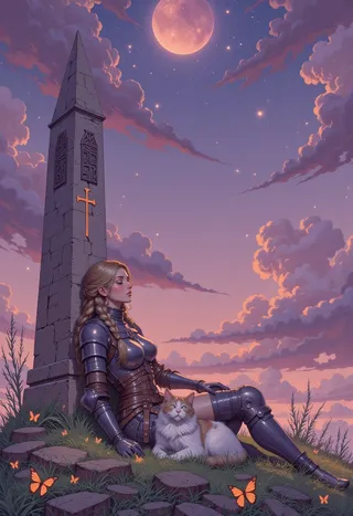 A serene female knight wearing polished armor leans peacefully against a tall runic obelisk under a twilight sky, with a fluffy magical cat resting on her lap and orange butterflies around.