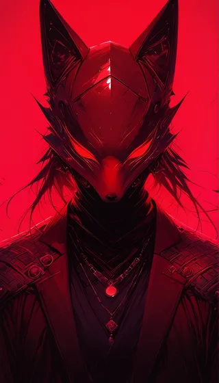 A striking fox character wearing a detailed helmet and layered jewelry, set against a vivid red background with glowing eyes and chiaroscuro lighting.