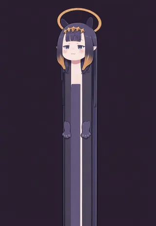 Anime girl Ninomae Ina'nis with an elongated body, blunt bangs, a halo, purple cat paws, and a dark abstract background