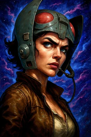 Portrait of a fierce starfighter ace woman wearing a weathered retro flight helmet and leather bomber jacket, set against a vibrant cosmic nebula background.