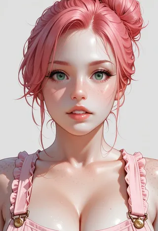 Close-up portrait of a young woman with pink hair in a messy bun, green eyes, freckles, and realistic skin details, wearing a pink frilled top.